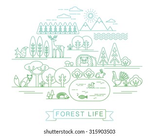 Vector illustration of forest life. Forest flora and fauna. Trendy graphic style.