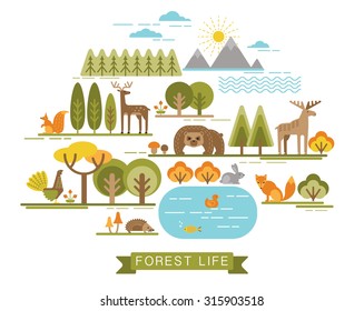 Vector illustration of forest life. Forest flora and fauna. Trendy graphic style.