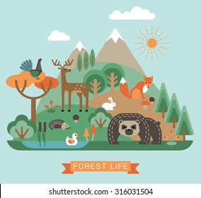 Vector Illustration Of Forest Life. Forest Flora And Fauna. Trendy Graphic Style.