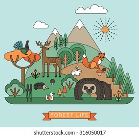 Vector illustration of forest life. Forest flora and fauna. Trendy graphic style.