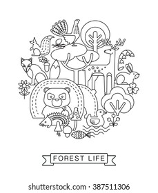 Vector illustration of forest life. Forest flora and fauna. Trendy graphic style.
