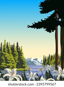 Vector illustration. Forest, lilies, fir trees, mountains. Natural landscape, river, lake. Vertical banner, poster, postcard.