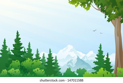 Vector illustration of a forest at the mountains