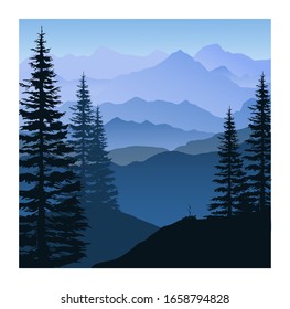 vector illustration of a forest in the mountains at dawn, with fir trees and a Smoking extinct fire