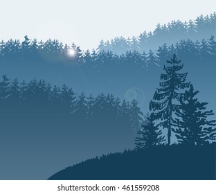 Vector Illustration of Forest and mountains in Sketch style for Design, Website, Background, Banner. Fir tree silhouette Element Template