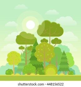 Imagen vectorial de bosque o parque en estilo moderno y plano en verano. 