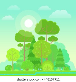 Vector illustration of forest or park in trendy flat style in spring time. 