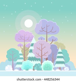 Vector illustration of forest or park in trendy flat style in winter time.
