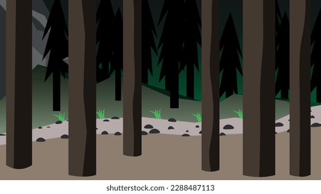 Ilustración vectorial del bosque. Camino forestal con piedras. Troncos de árbol. Silhouettes de fondo de árboles de coníferas. Bosque, sendero forestal, tronco, coníferas, madera, roca.