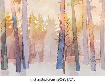 Vector illustration with forest pattern. Watercolor effect 