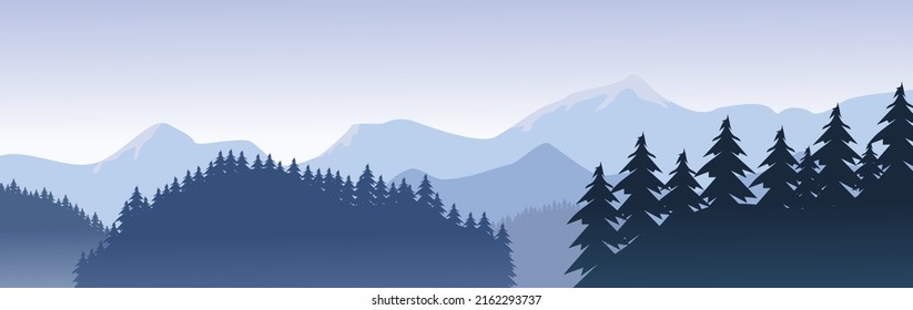 
Vector illustration of a forest of pine trees on a light blue mountain background shrouded in thick fog