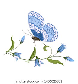 Vector illustration with forest plants, hand drawn blue bell flower and butterfly, composition for design on white background. Can be used for printing on t-shirt, greeting card.