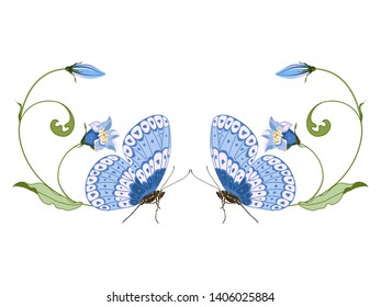 Vector illustration with forest plants, hand drawn blue bell flower and butterfly, composition for design on white background. Can be used for printing on t-shirt, greeting card.