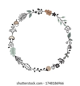 Ilustración vectorial con plantas forestales. Clipart dibujado a mano aislado sobre fondo blanco.