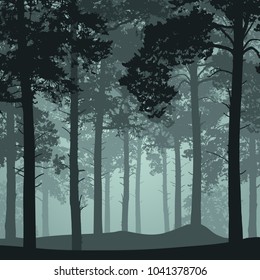 Vector illustration of a forest with realistic silhouettes of trees