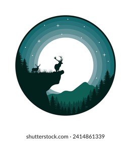 Vector illustration of a forest, retro style outdoor adventure inside a circle, with deer, mountains, perfect for t-shirts, stickers, etc