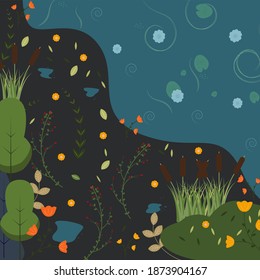 vector illustration forest and river, flowers on a dark background