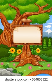 Vector illustration of Forest scene with wooden signboard