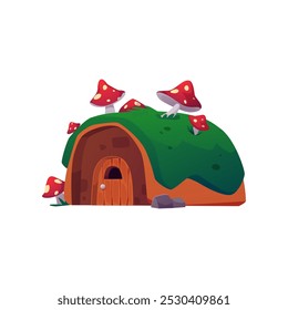 Vector illustration of forest semicircular house covered with green moss and fly agarics. Fairytale village house in children's cartoon style on isolated background.