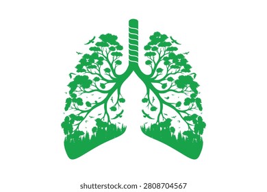 Vector illustration of forest shaped as human lungs, symbolizing the world's lungs, clean air, nature conservation, and environmental protection.