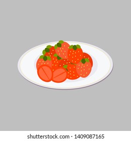 Vector illustration. Forest strawberry on a plate. Large ripe fresh berries of rich red color with green leaves. On a white round plate.  