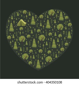 Vector illustration  with  forest and tent. Camping. Nature, forest