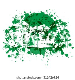 Vector illustration with forest. Trees silhouettes with paint splashes. Natural background.  