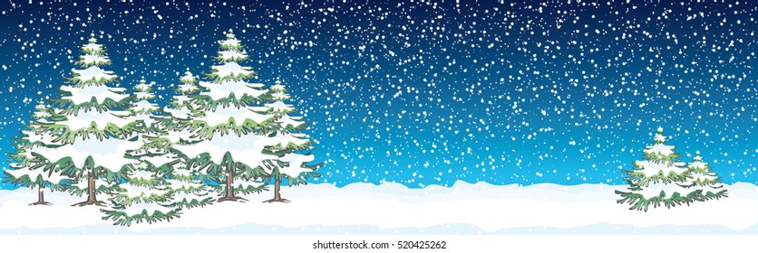 Vector Illustration with forest trees and snow and wintry atmosphere at night with snowfall