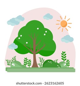 Ilustración vectorial de un bosque con árboles, sol y nubes.