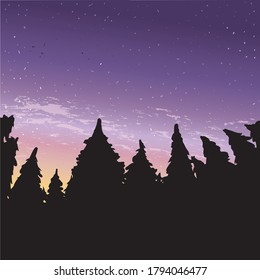 Vektorgrafik eines Waldes unter dem Nachthimmel. Stock-Vektorgrafik. Waldumriss und Sternenhimmel bei Sonnenuntergang. Die Natur ohne das Bild der Zivilisation. Geeignet für Wanderungen.