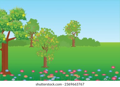 Ilustración vectorial de una vista forestal al estilo de las caricaturas con árboles frutales y hermosas flores multicolores de campo en primer plano.