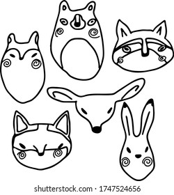 vector illustration of forest wild animals. bear, hare, fox, raccoon. cartoon art. funny faces