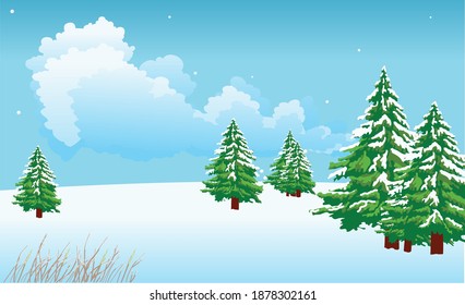 Vector illustration of forest in winter. The edge of the forest with fir trees and dry grass. Greeting card design.