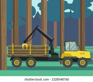 Vector Illustration Of Forestry Forwarder At Work