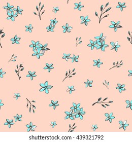 Vector illustration Forget-me-not blue flowers bouquets seamless hand drawn pattern
