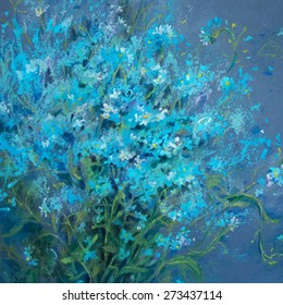 Vector illustration of forget-me-not bouquet. Beautiful blue nots flowers. Spring ant summer floral background. Hand drawn oil pastel textured sketch. 
