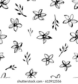 Vector Illustration Forget-me-not flowers seamless hand drawn pattern. Black and white. Grunge style design