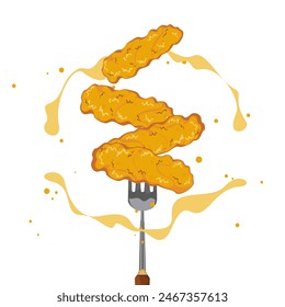 Vector illustration of the fork with a chicken stick, fried chicken set, and fast food. Isolated on a white background. Free space for your message and brand.