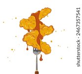 Vector illustration of a fork with chicken sticks with tomato sauce, fried chicken set, and fast food. Isolated on a white background. Free space for your message and brand.