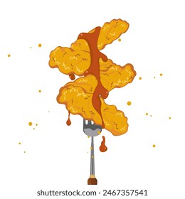 Ilustración vectorial de un tenedor con palitos de pollo con salsa de tomate, juego de pollo frito y comida rápida. Aislado sobre un fondo blanco. Espacio libre para su mensaje y marca.