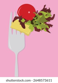 Vector Illustration of Fork with Fresh Salad on Pink Background