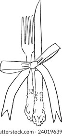 Vector illustration of fork and knife with bow. Contour sketch in trend of decorated cutlery