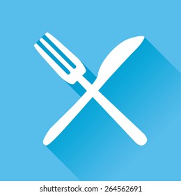 Vector illustration of fork and knife flat icon in blue square background with diagonal shadow