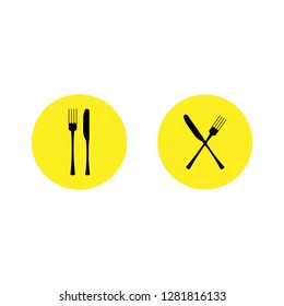 Vector illustration. fork and knife icon on yellow circle on white background. Set of Restaurant menu icon, sign.