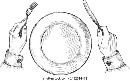 Vector illustration fork   knife  Male hands over the empty food plate in restaurant  Vintage hand drawn style 