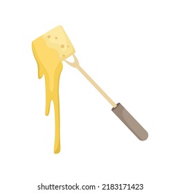 Vector illustration of a fork with a piece of baguette dipped in cheese fondue.