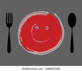 Vector illustration of fork and spoon with hand draw plate with smiling face on grey background, Table Setting for children, Kitchen theme background