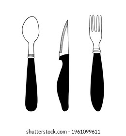 Vector illustration with fork, spoon and knife. Graphic doodle sketch.