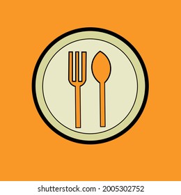 Vector illustration of fork and spoon on plate on orange background