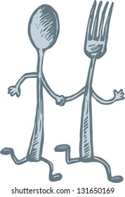 Vector illustration of fork and spoon running while holding hands